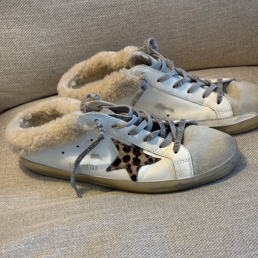 EUC size 41 Golden Goose Women's White and Cream Sneakers with Leopard Star